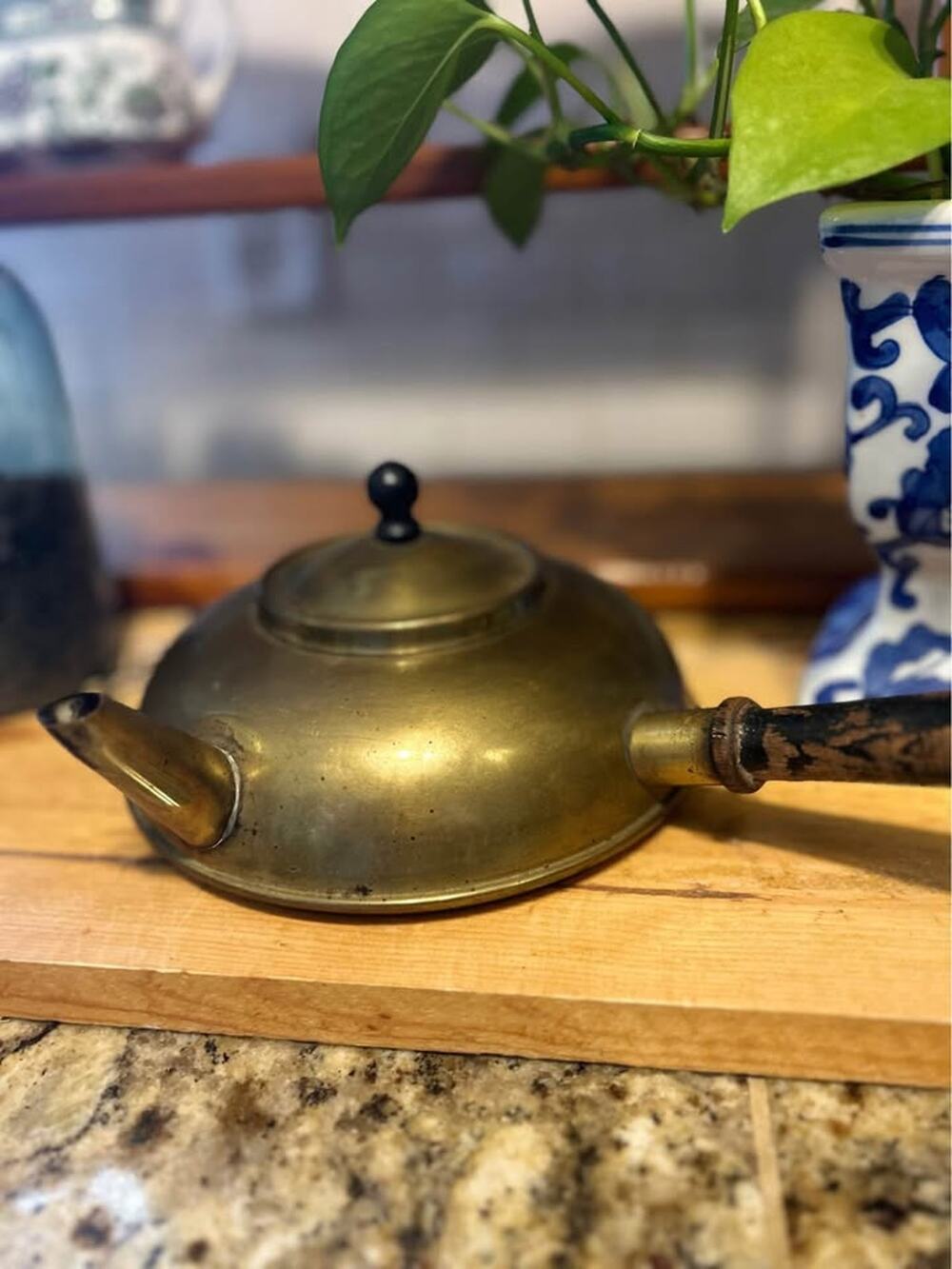 Vintage Brass Tea Kettle with Wood Handle